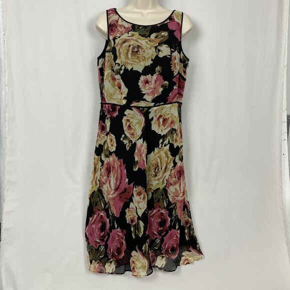 VTG Talbots Petites Pure Silk Dress 10P Black Dark Floral Sheath Whimsigoth 90S - Picture 3 of 13